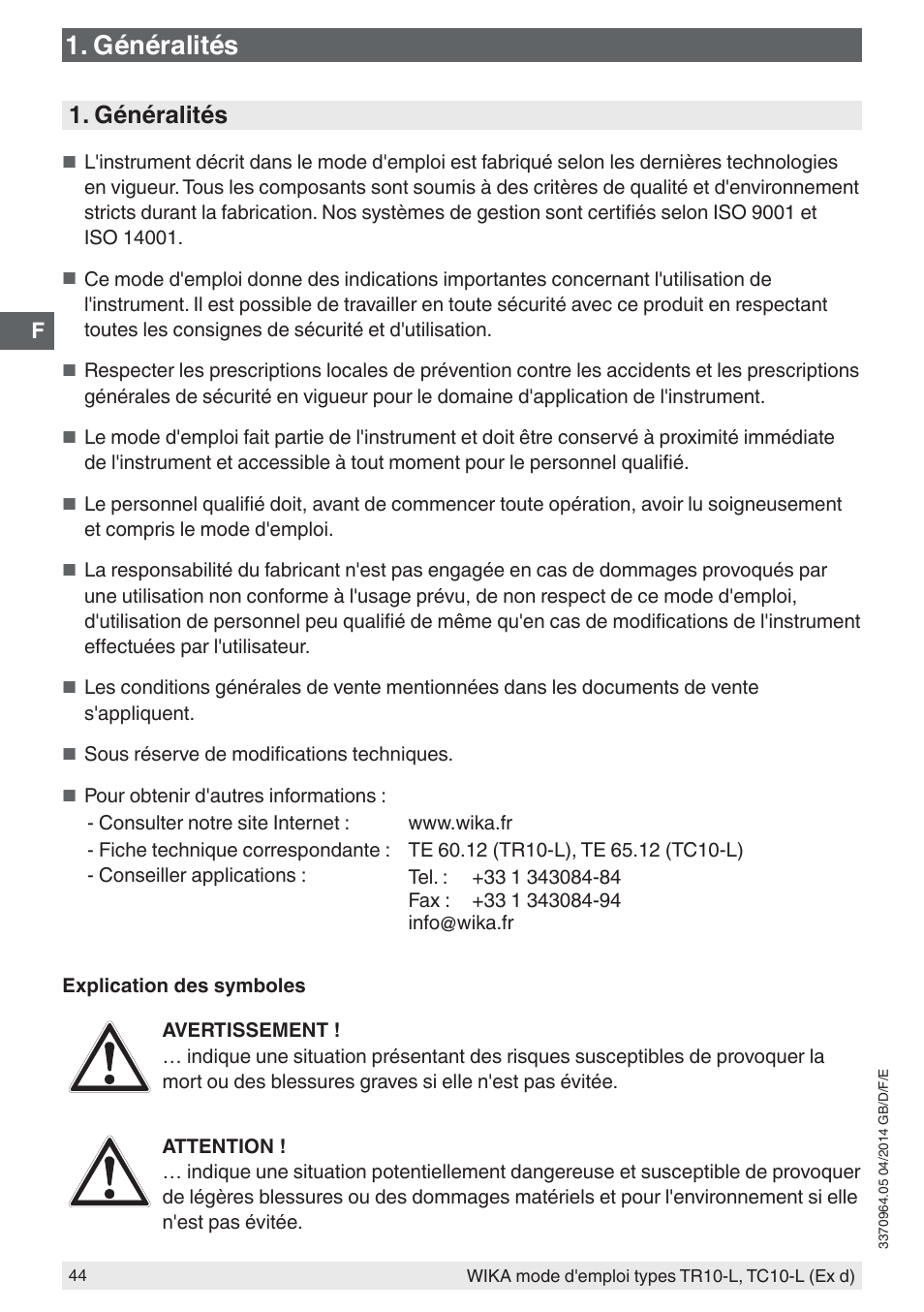 Généralités | WIKA TC10-L User Manual | Page 44 / 84