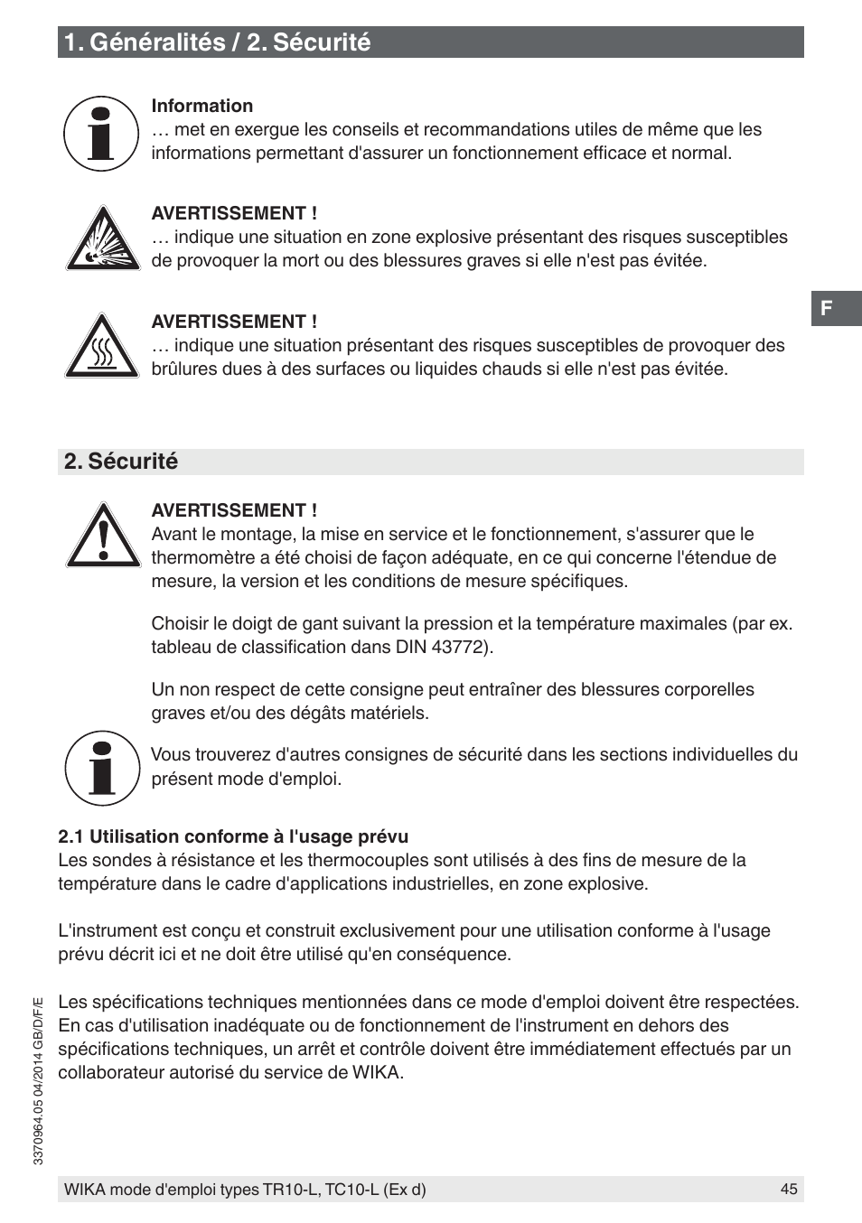 Généralités / 2. sécurité, Sécurité | WIKA TC10-L User Manual | Page 45 / 84