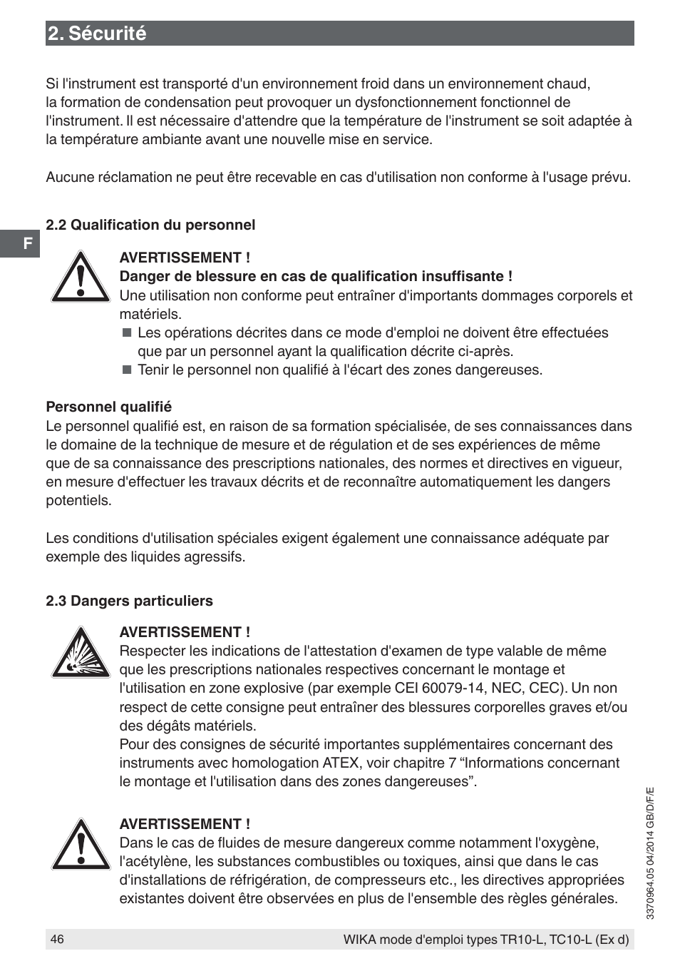 Sécurité | WIKA TC10-L User Manual | Page 46 / 84