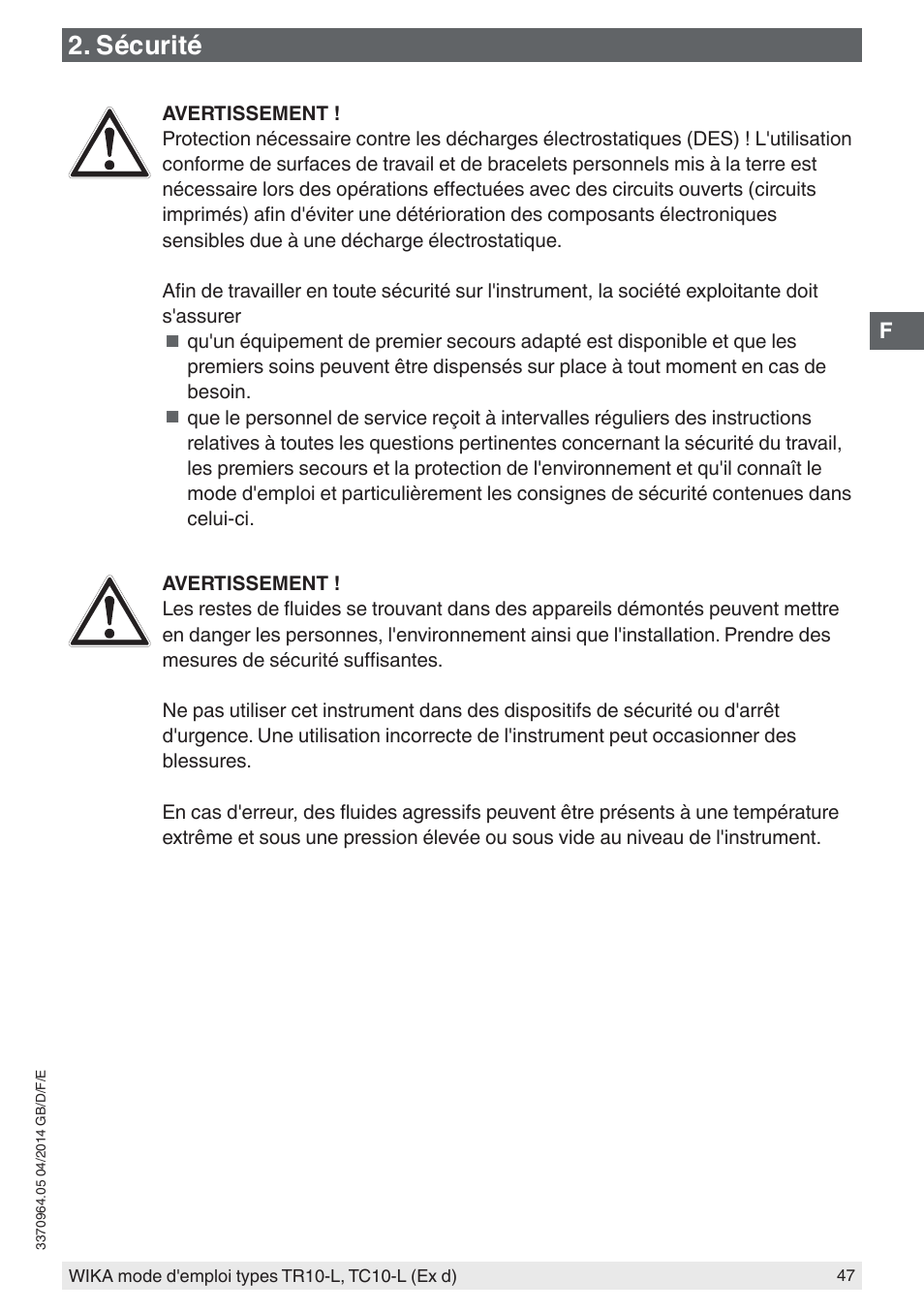 Sécurité | WIKA TC10-L User Manual | Page 47 / 84