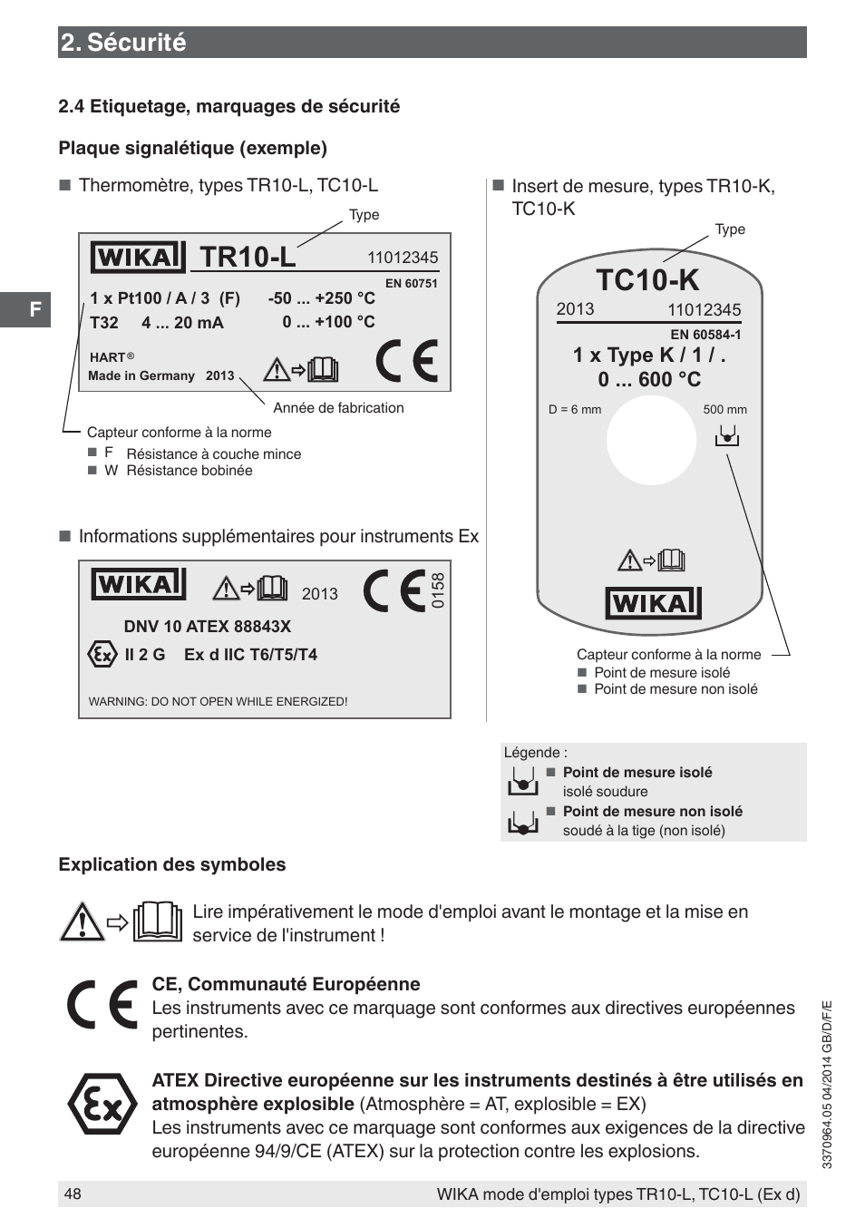 Tr10-l, Tc10-k, Sécurité | 1 x type k / 1 / . 0 °c | WIKA TC10-L User Manual | Page 48 / 84