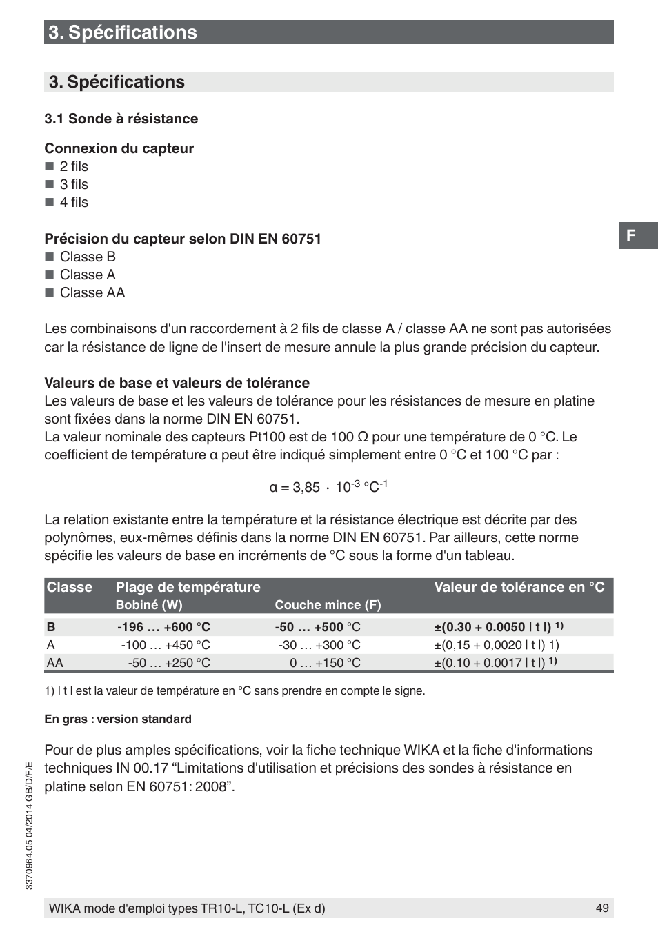 Spécifications | WIKA TC10-L User Manual | Page 49 / 84