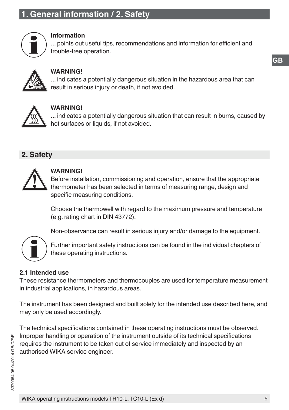 General information / 2. safety, Safety | WIKA TC10-L User Manual | Page 5 / 84