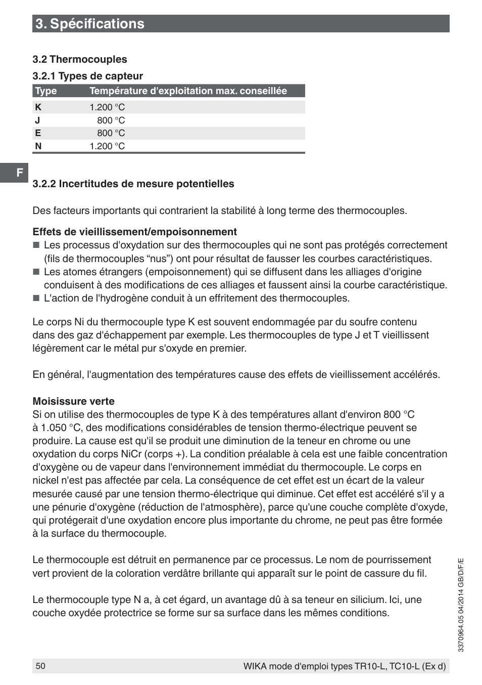 Spécifications | WIKA TC10-L User Manual | Page 50 / 84