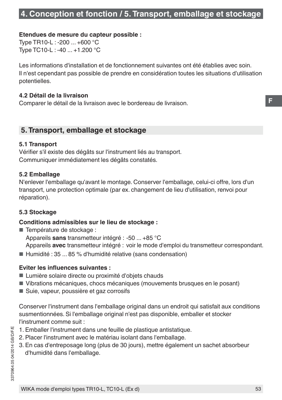 Transport, emballage et stockage | WIKA TC10-L User Manual | Page 53 / 84