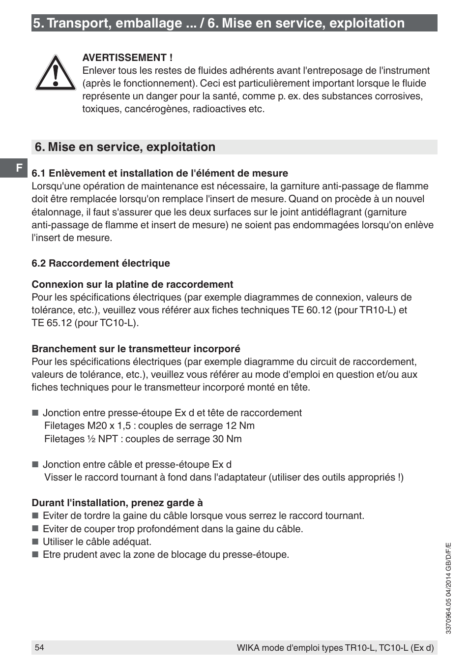 Mise en service, exploitation | WIKA TC10-L User Manual | Page 54 / 84