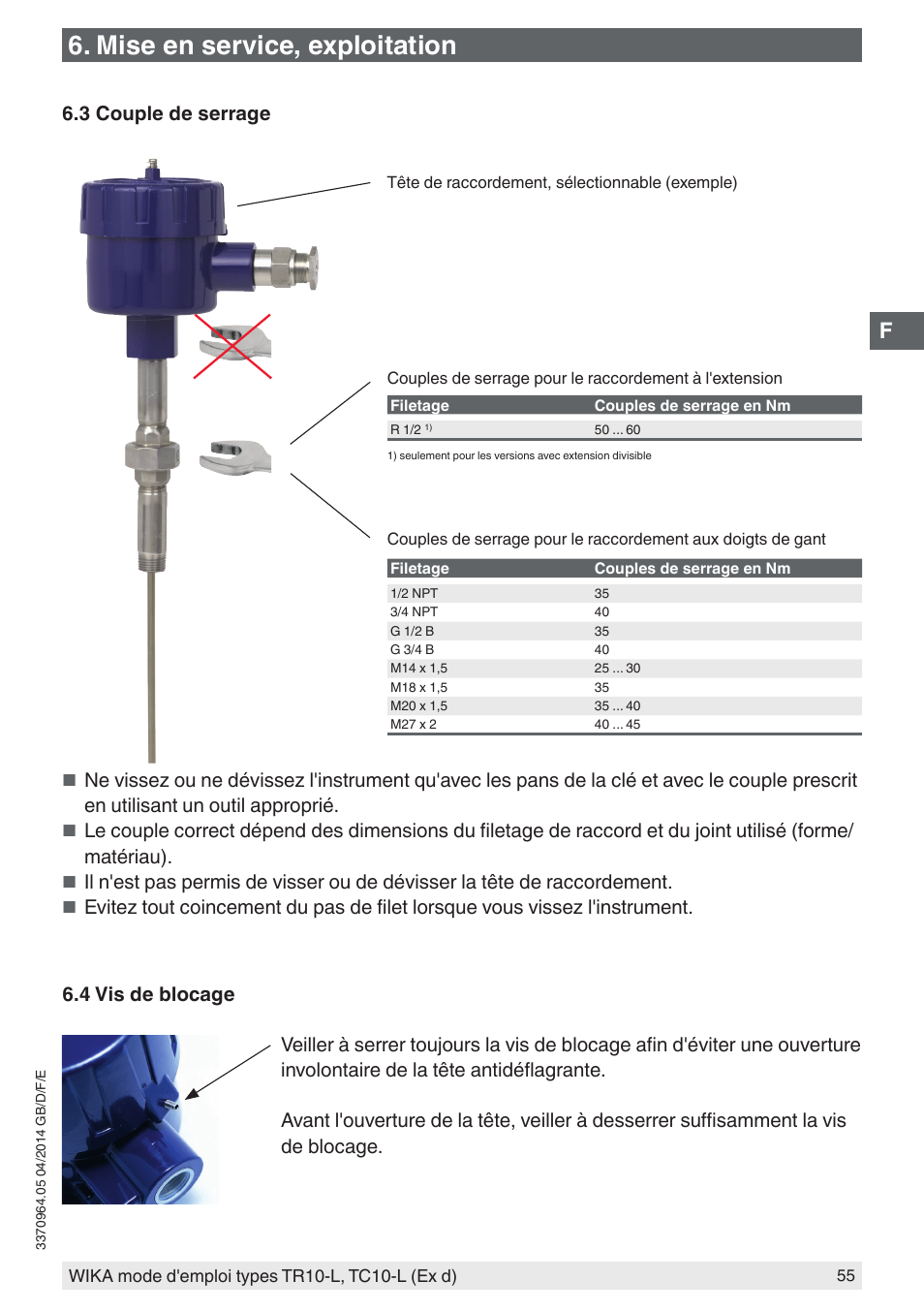 Mise en service, exploitation, 3 couple de serrage | WIKA TC10-L User Manual | Page 55 / 84