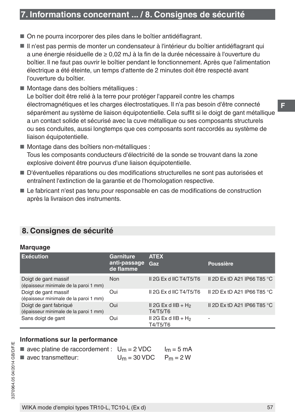 Consignes de sécurité | WIKA TC10-L User Manual | Page 57 / 84