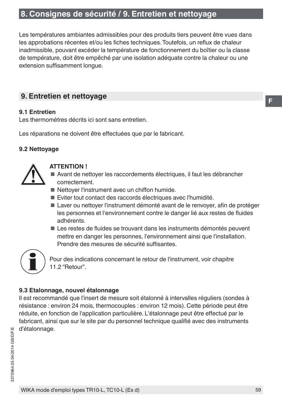 Consignes de sécurité / 9. entretien et nettoyage, Entretien et nettoyage | WIKA TC10-L User Manual | Page 59 / 84