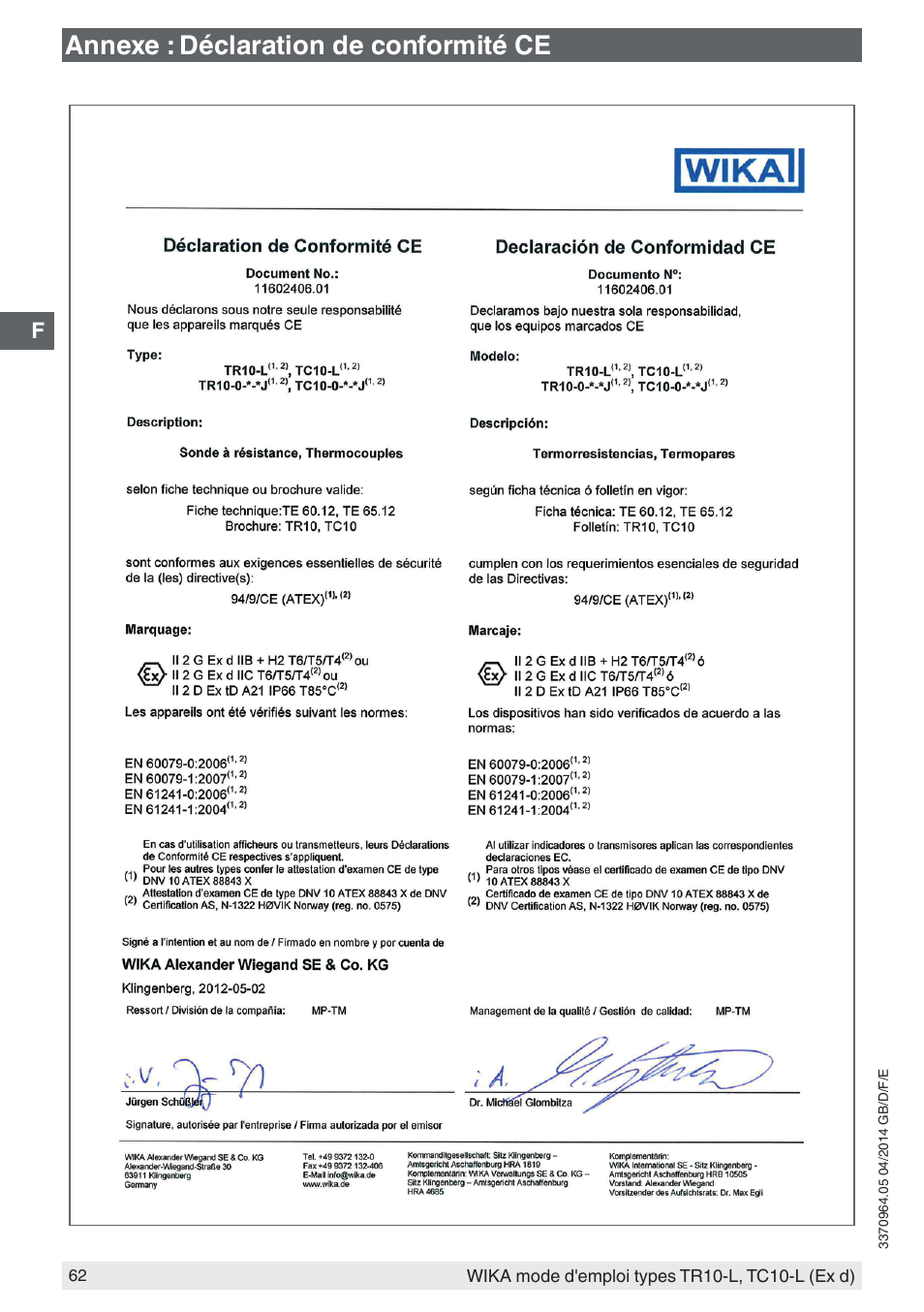 Annexe : déclaration de conformité ce | WIKA TC10-L User Manual | Page 62 / 84