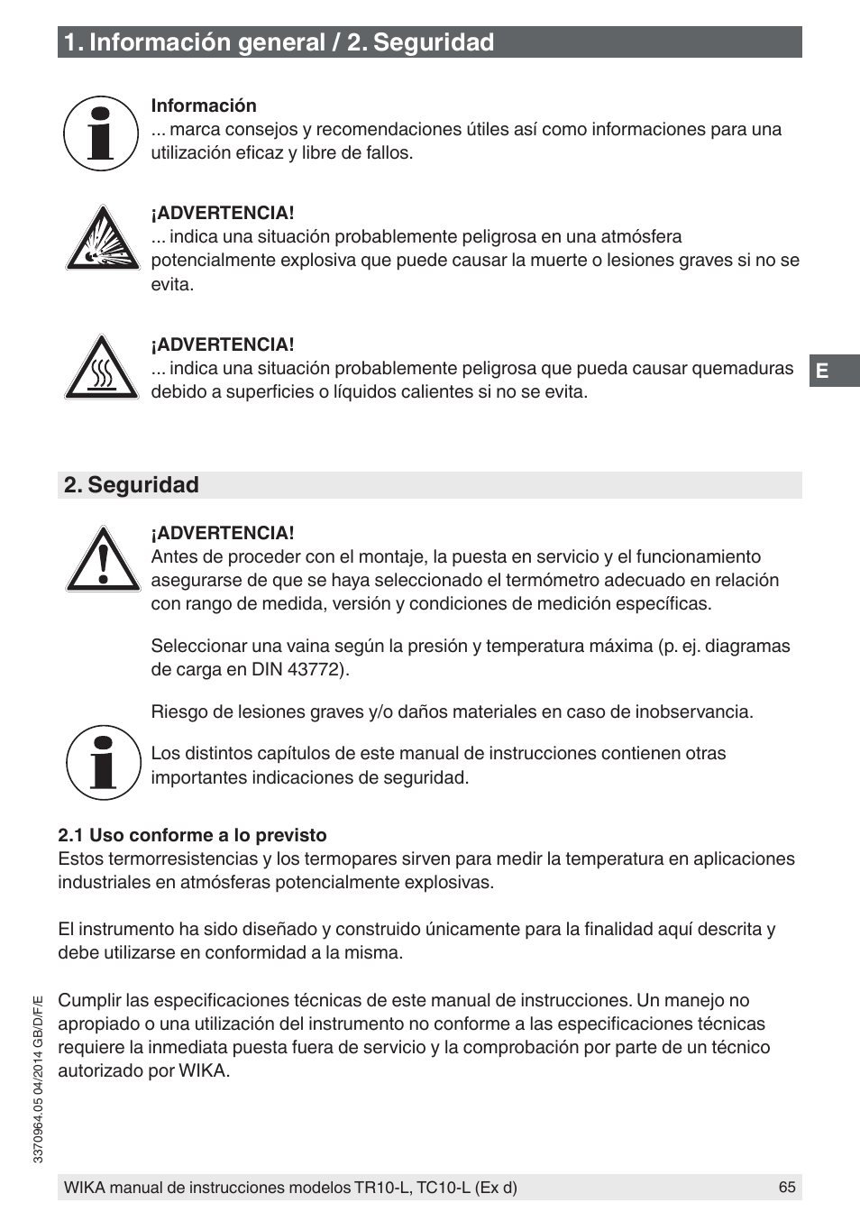 Información general / 2. seguridad, Seguridad | WIKA TC10-L User Manual | Page 65 / 84