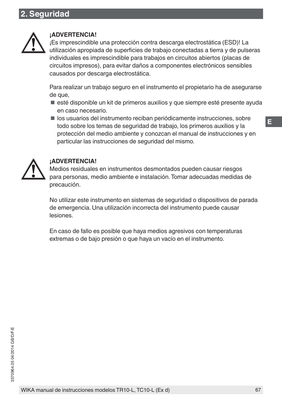Seguridad | WIKA TC10-L User Manual | Page 67 / 84