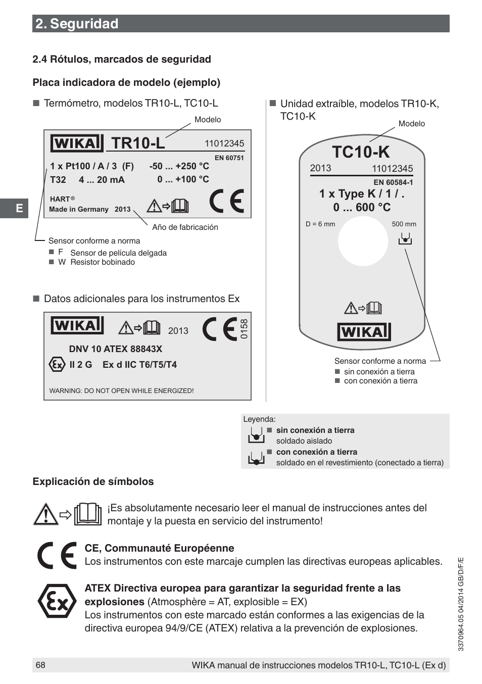 Tr10-l, Tc10-k, Seguridad | 1 x type k / 1 / . 0 °c | WIKA TC10-L User Manual | Page 68 / 84