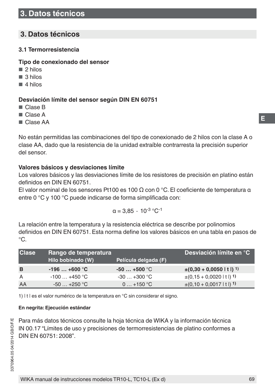 Datos técnicos | WIKA TC10-L User Manual | Page 69 / 84