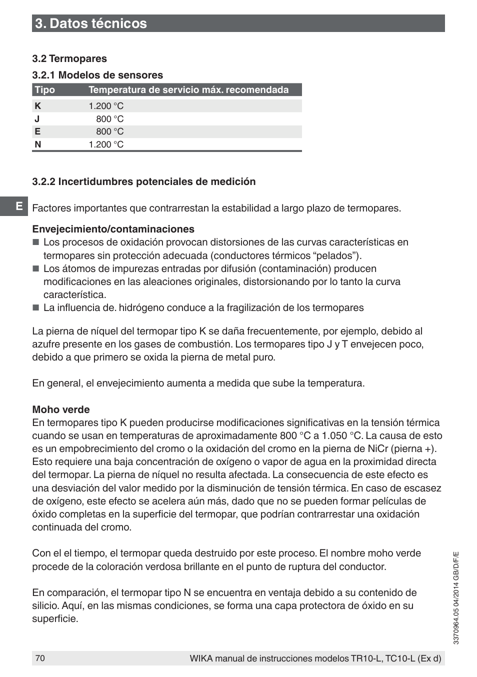 Datos técnicos | WIKA TC10-L User Manual | Page 70 / 84