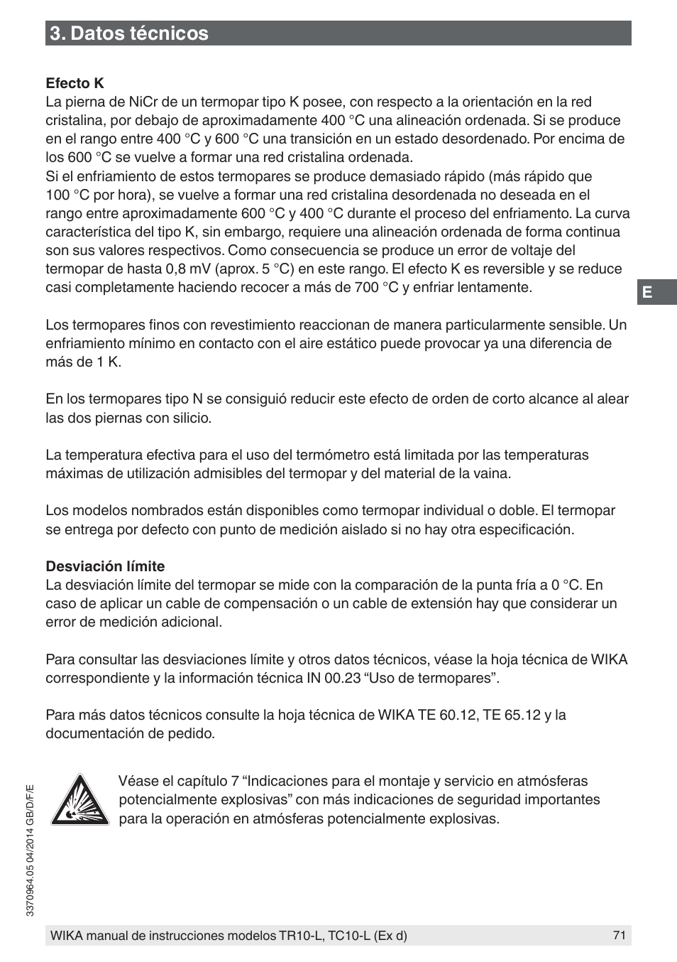 Datos técnicos | WIKA TC10-L User Manual | Page 71 / 84