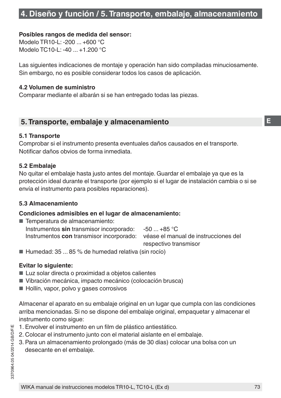 Transporte, embalaje y almacenamiento | WIKA TC10-L User Manual | Page 73 / 84