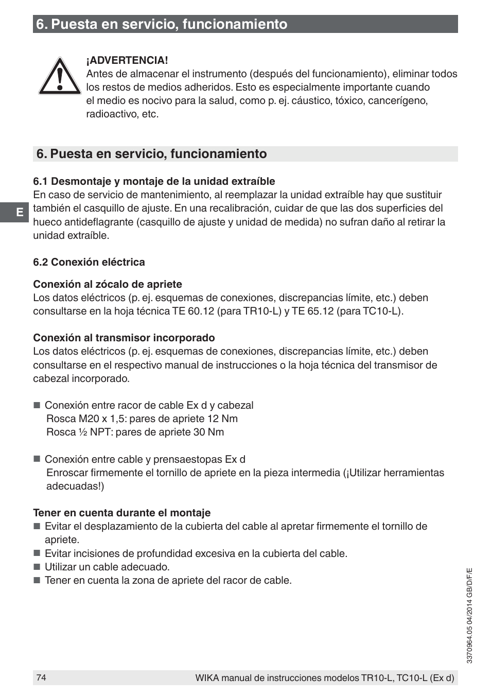 Puesta en servicio, funcionamiento | WIKA TC10-L User Manual | Page 74 / 84