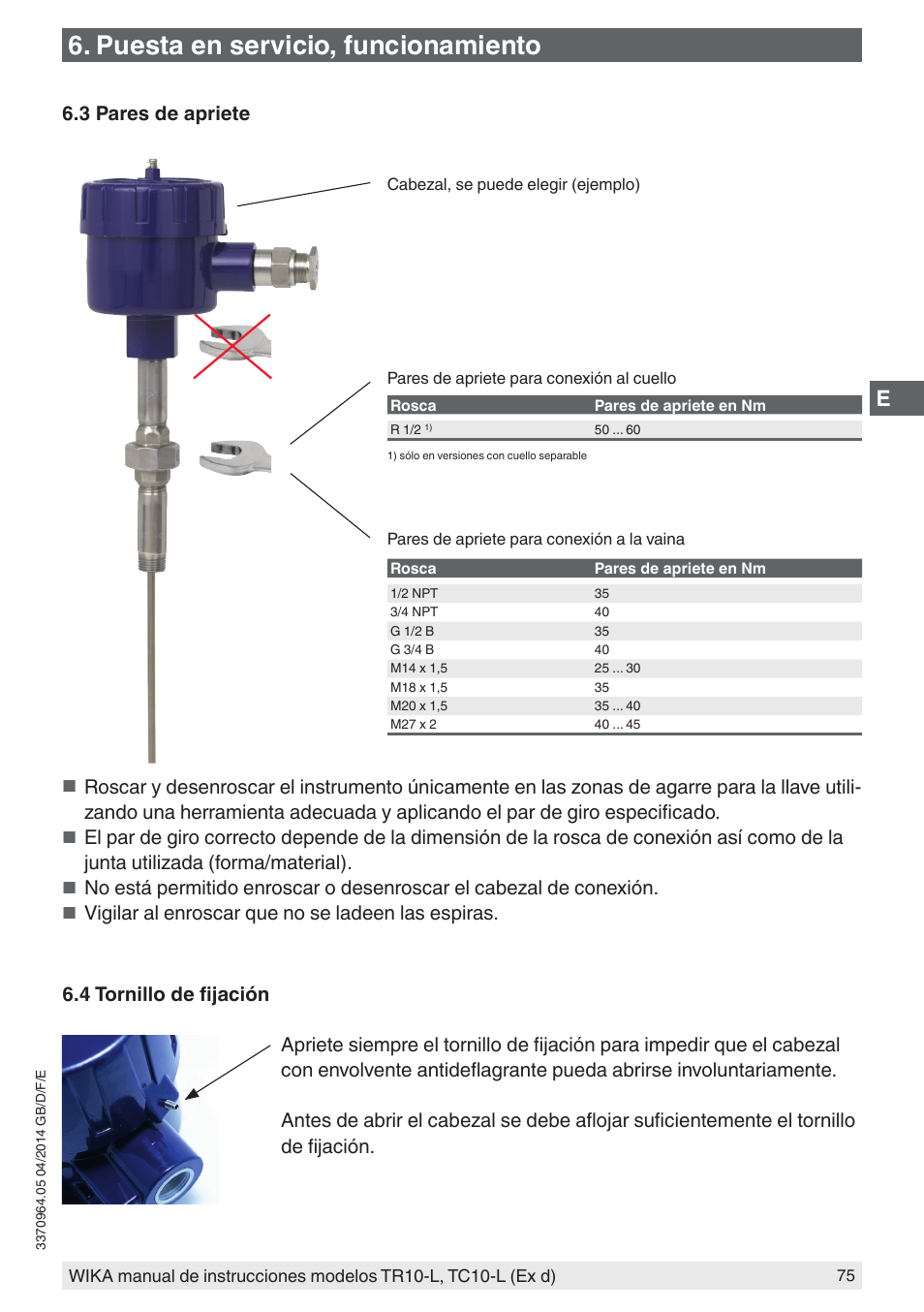 Puesta en servicio, funcionamiento, 3 pares de apriete | WIKA TC10-L User Manual | Page 75 / 84