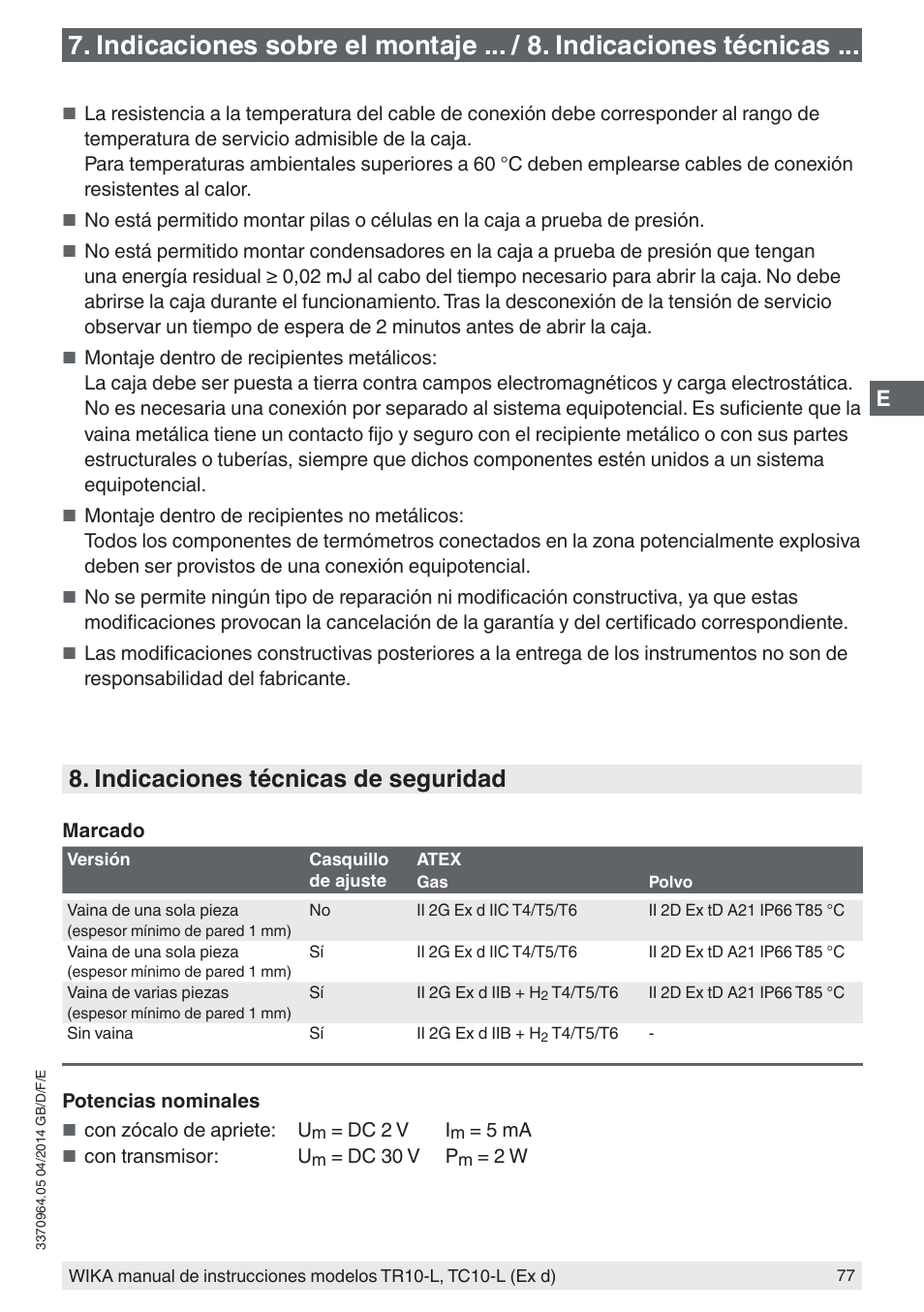 Indicaciones técnicas de seguridad | WIKA TC10-L User Manual | Page 77 / 84