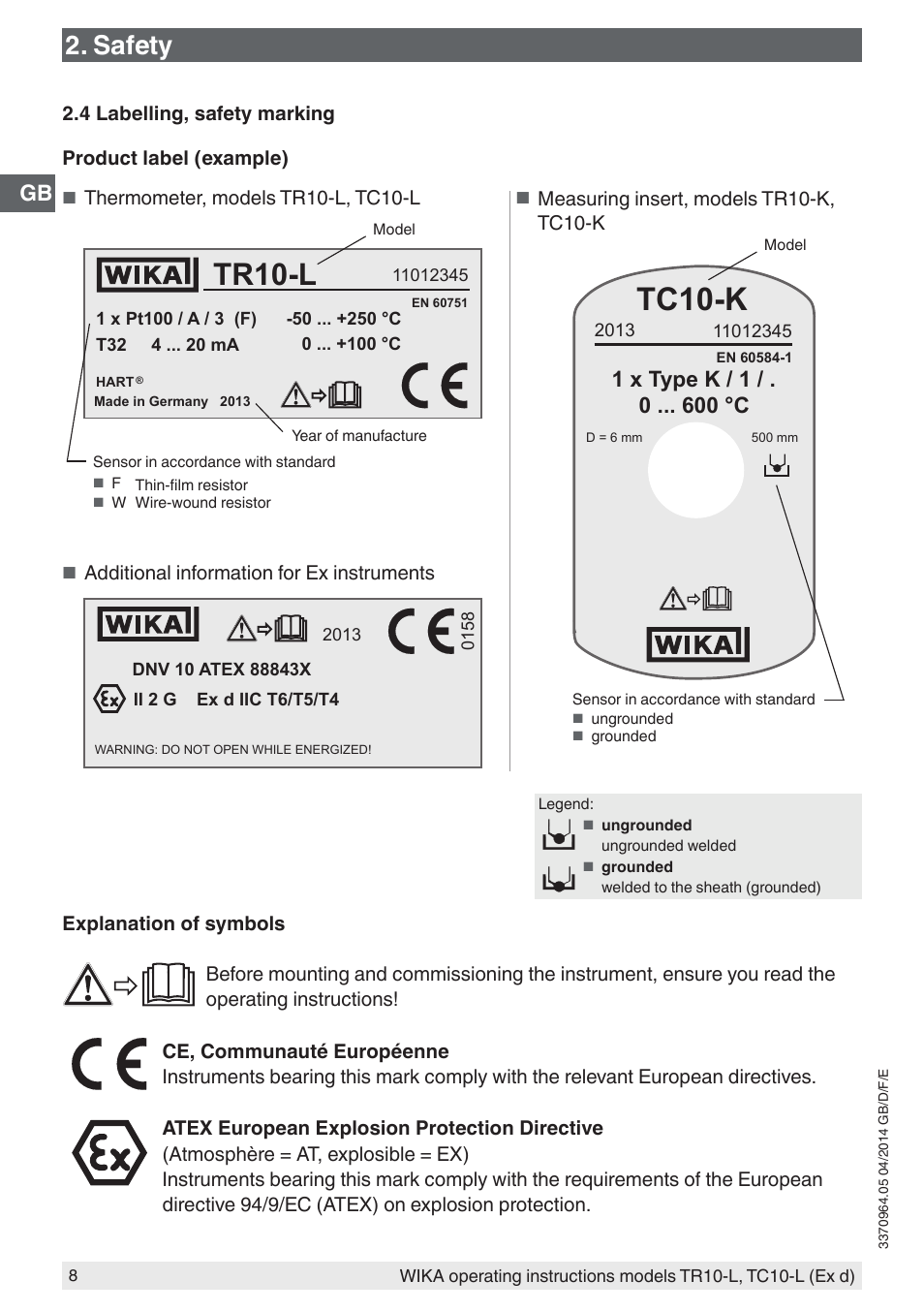 Tr10-l, Tc10-k, Safety | 1 x type k / 1 / . 0 °c | WIKA TC10-L User Manual | Page 8 / 84