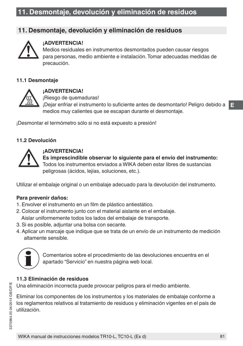Desmontaje, devolución y eliminación de residuos | WIKA TC10-L User Manual | Page 81 / 84