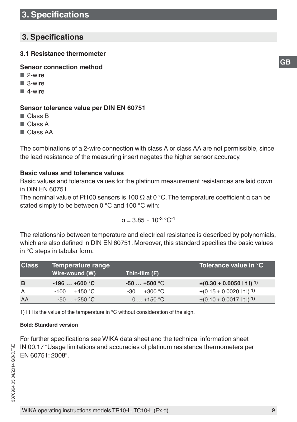 Specifications | WIKA TC10-L User Manual | Page 9 / 84