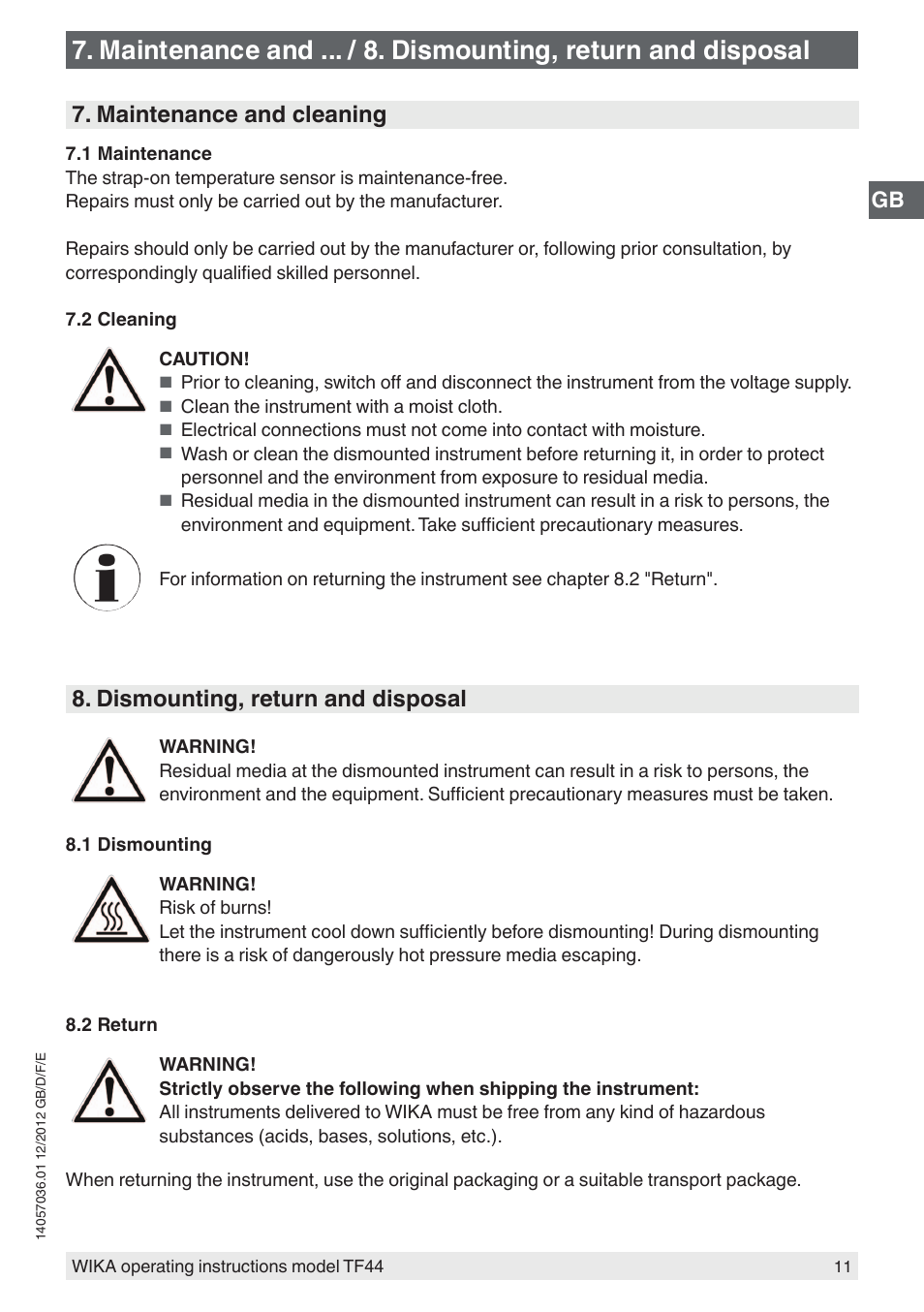 Maintenance and cleaning, Dismounting, return and disposal | WIKA TF44 User Manual | Page 11 / 44