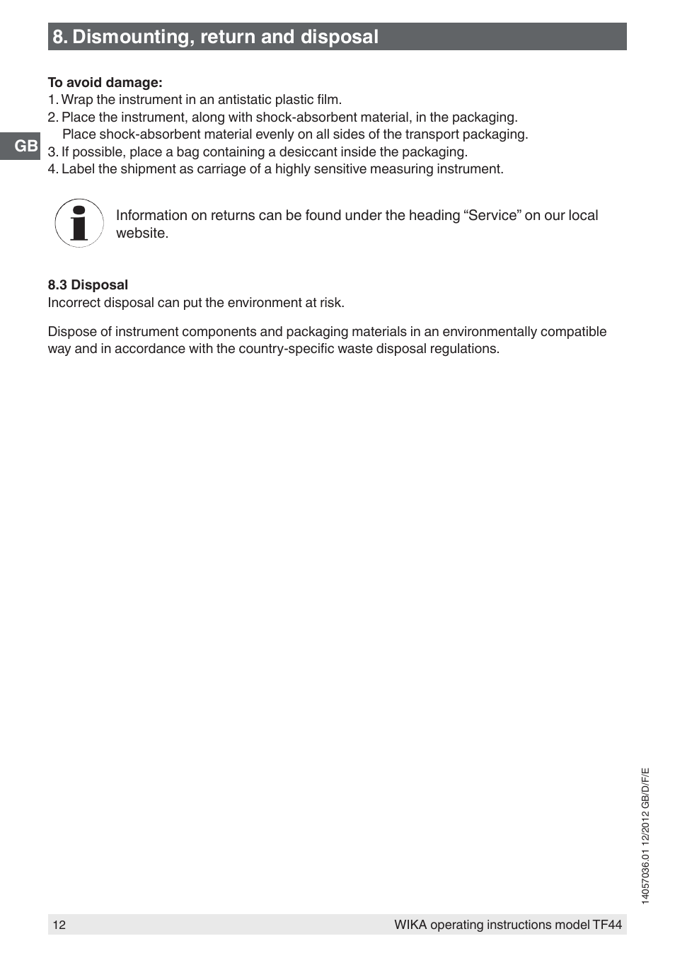 Dismounting, return and disposal | WIKA TF44 User Manual | Page 12 / 44