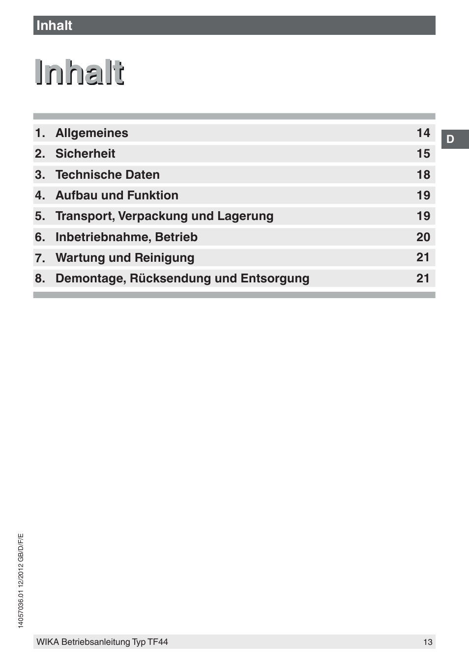 Inhalt | WIKA TF44 User Manual | Page 13 / 44