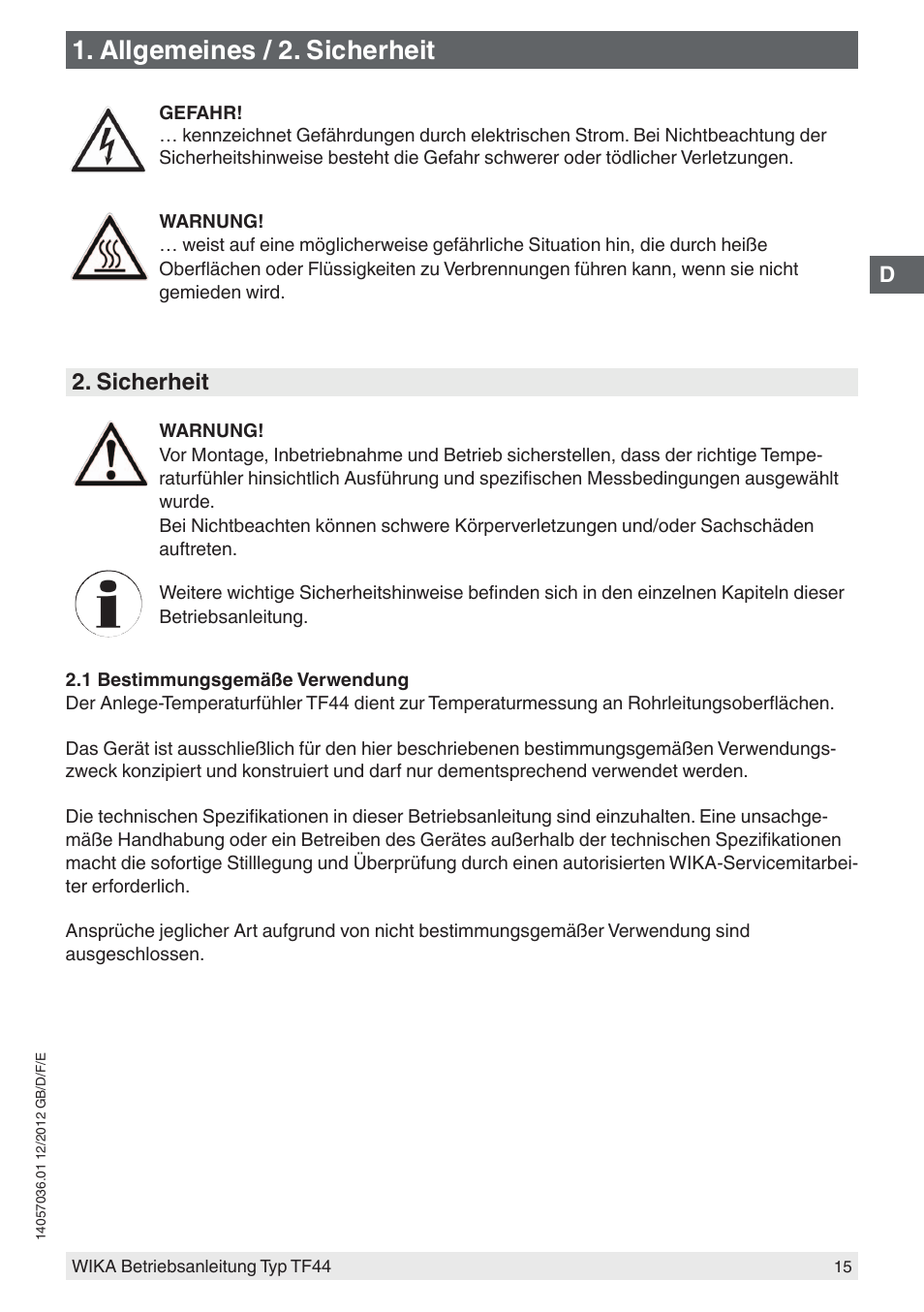 Allgemeines / 2. sicherheit, Sicherheit | WIKA TF44 User Manual | Page 15 / 44