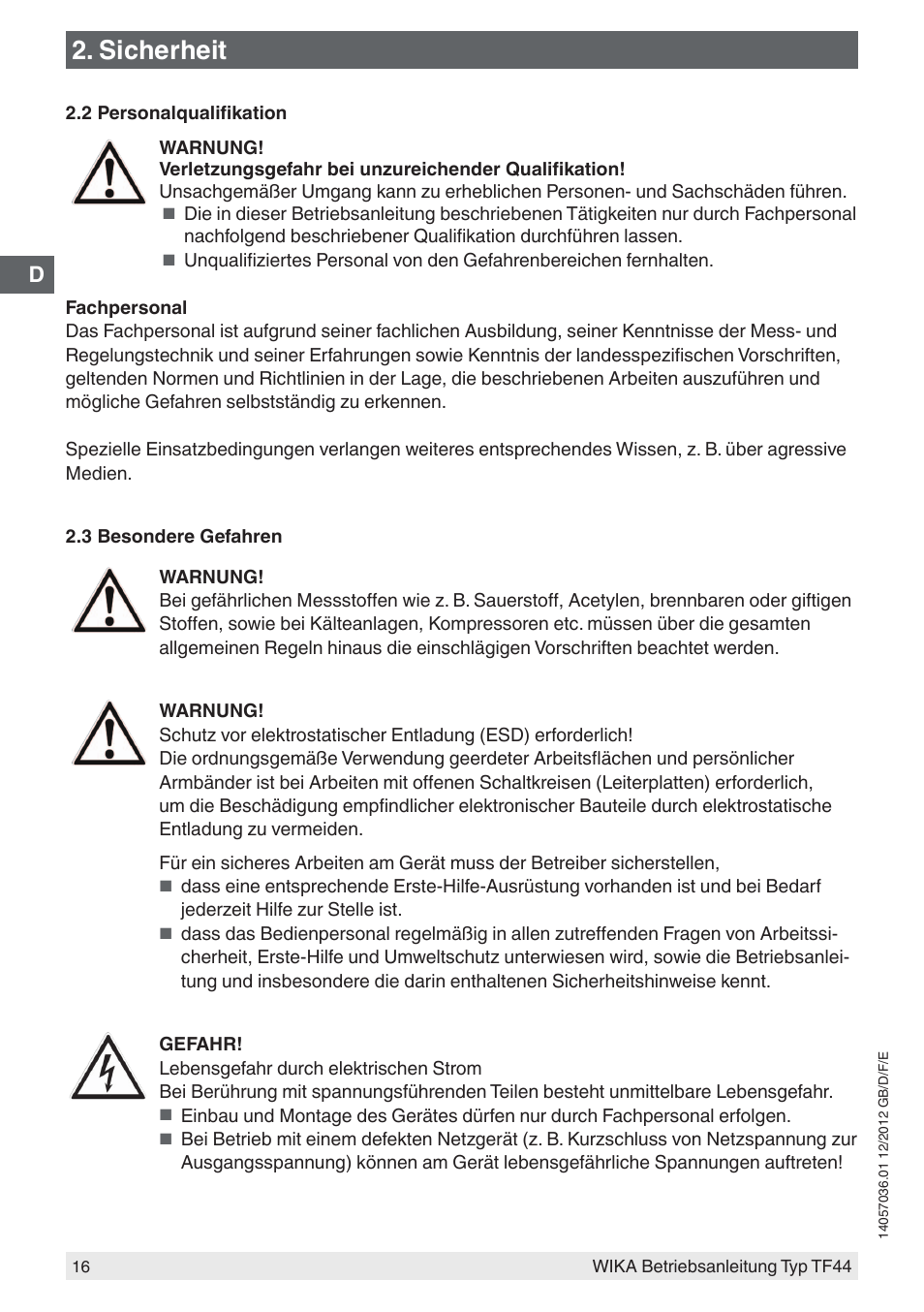 Sicherheit | WIKA TF44 User Manual | Page 16 / 44