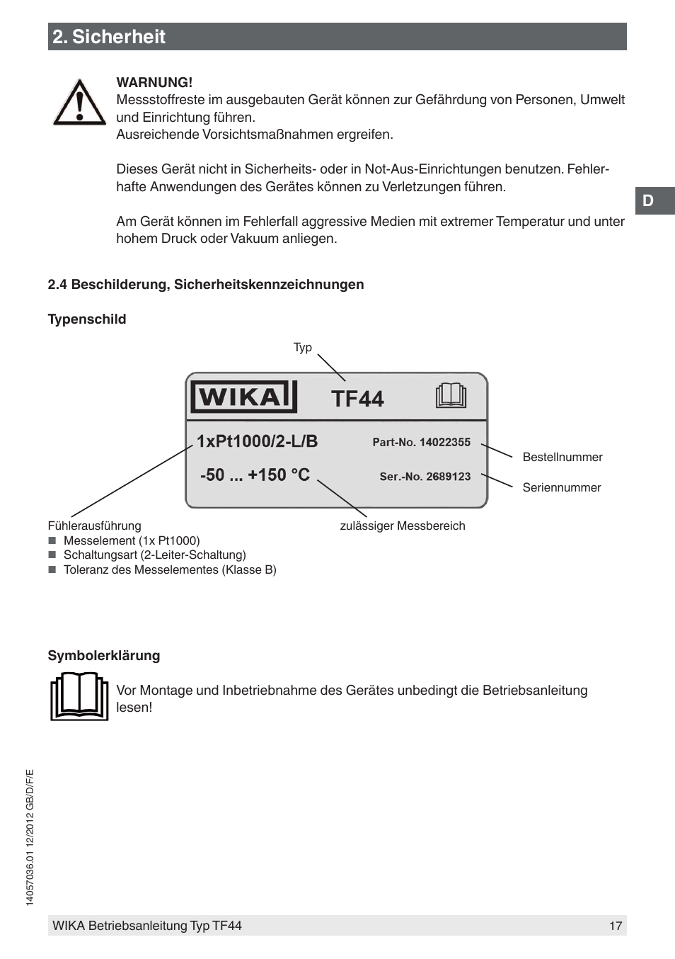 Sicherheit | WIKA TF44 User Manual | Page 17 / 44
