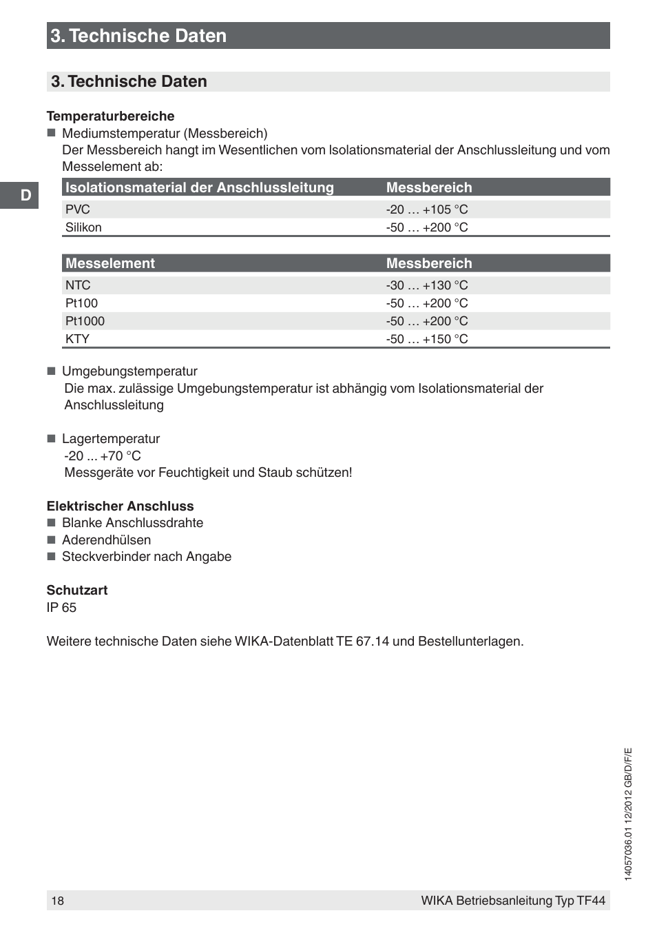 Technische daten | WIKA TF44 User Manual | Page 18 / 44
