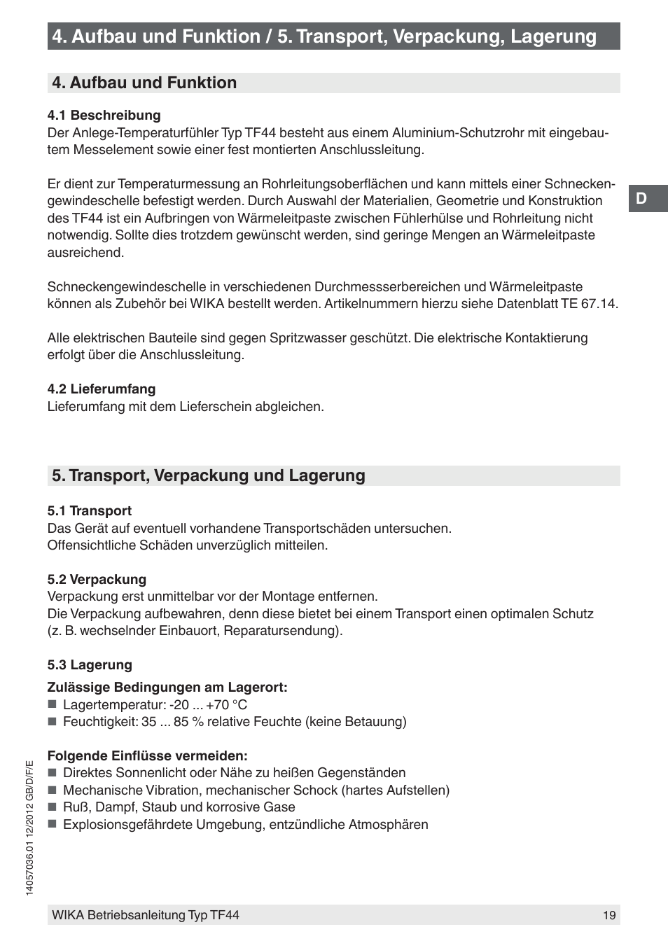 Aufbau und funktion, Transport, verpackung und lagerung | WIKA TF44 User Manual | Page 19 / 44