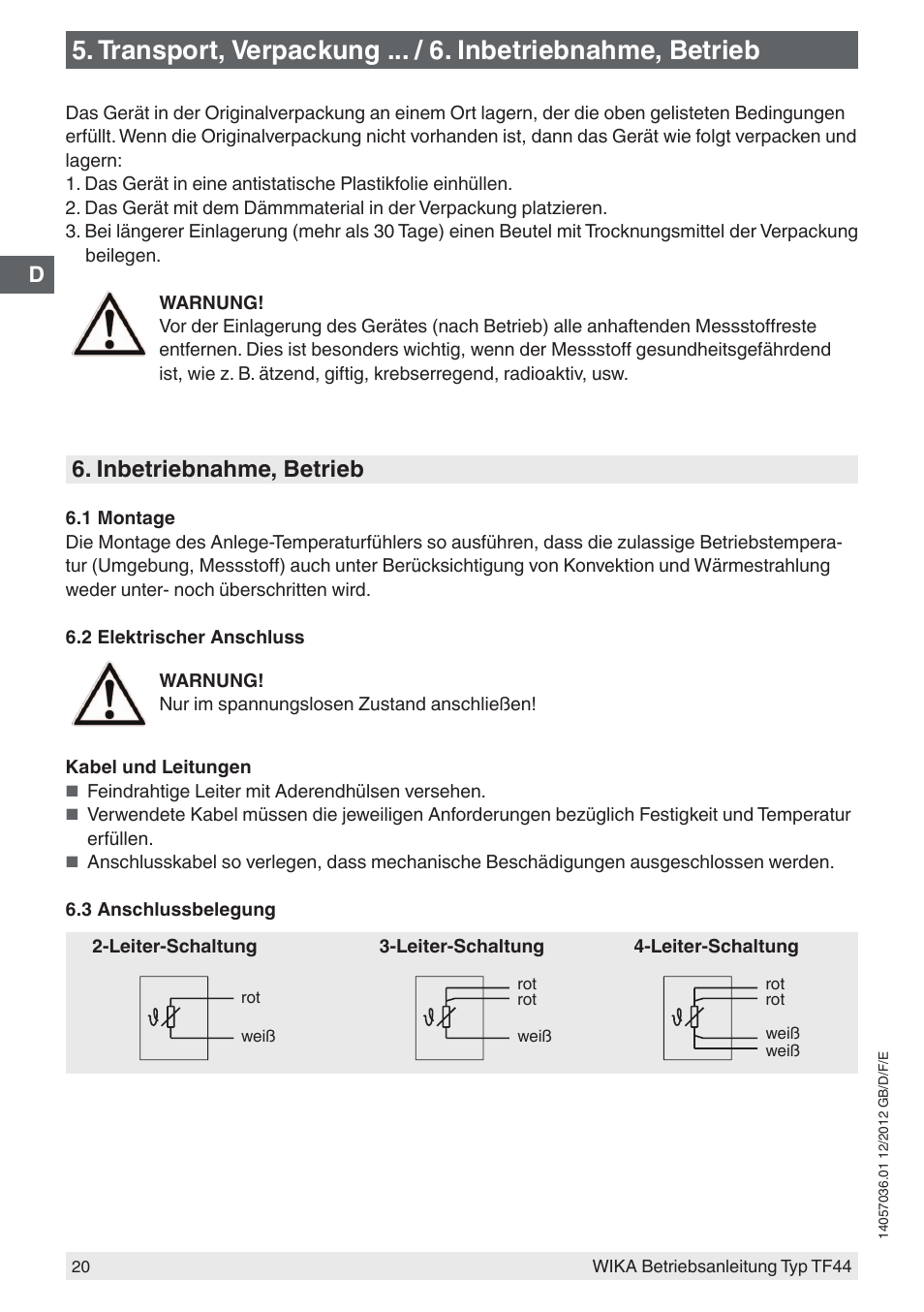 Inbetriebnahme, betrieb | WIKA TF44 User Manual | Page 20 / 44