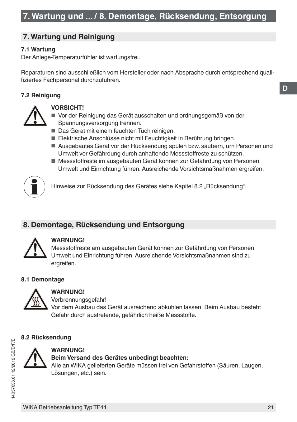 Wartung und reinigung, Demontage, rücksendung und entsorgung | WIKA TF44 User Manual | Page 21 / 44