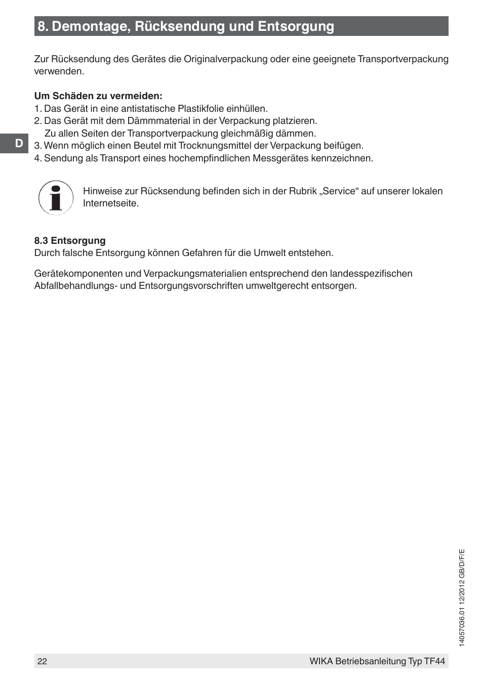 Demontage, rücksendung und entsorgung | WIKA TF44 User Manual | Page 22 / 44