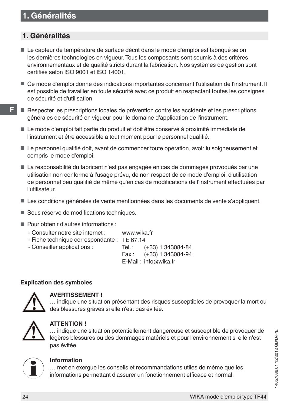 Généralités | WIKA TF44 User Manual | Page 24 / 44