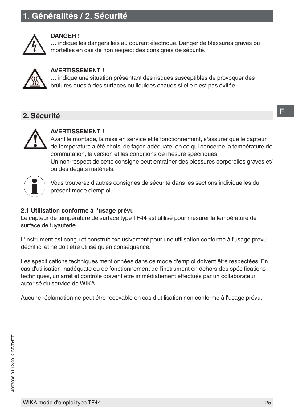 Généralités / 2. sécurité, Sécurité | WIKA TF44 User Manual | Page 25 / 44
