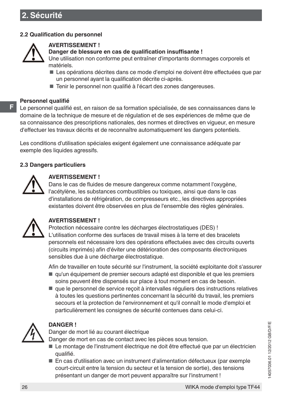 Sécurité | WIKA TF44 User Manual | Page 26 / 44