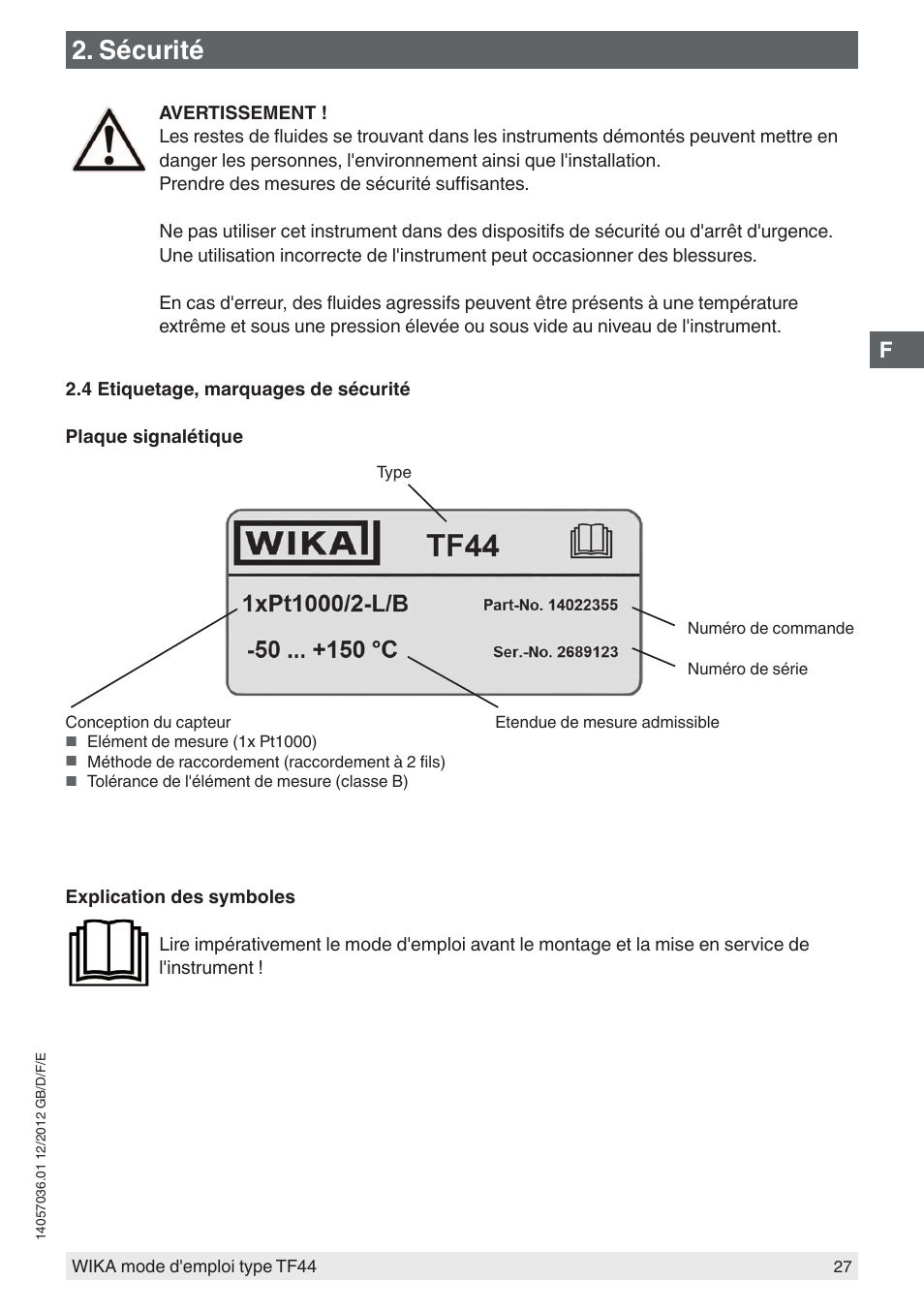 Sécurité | WIKA TF44 User Manual | Page 27 / 44