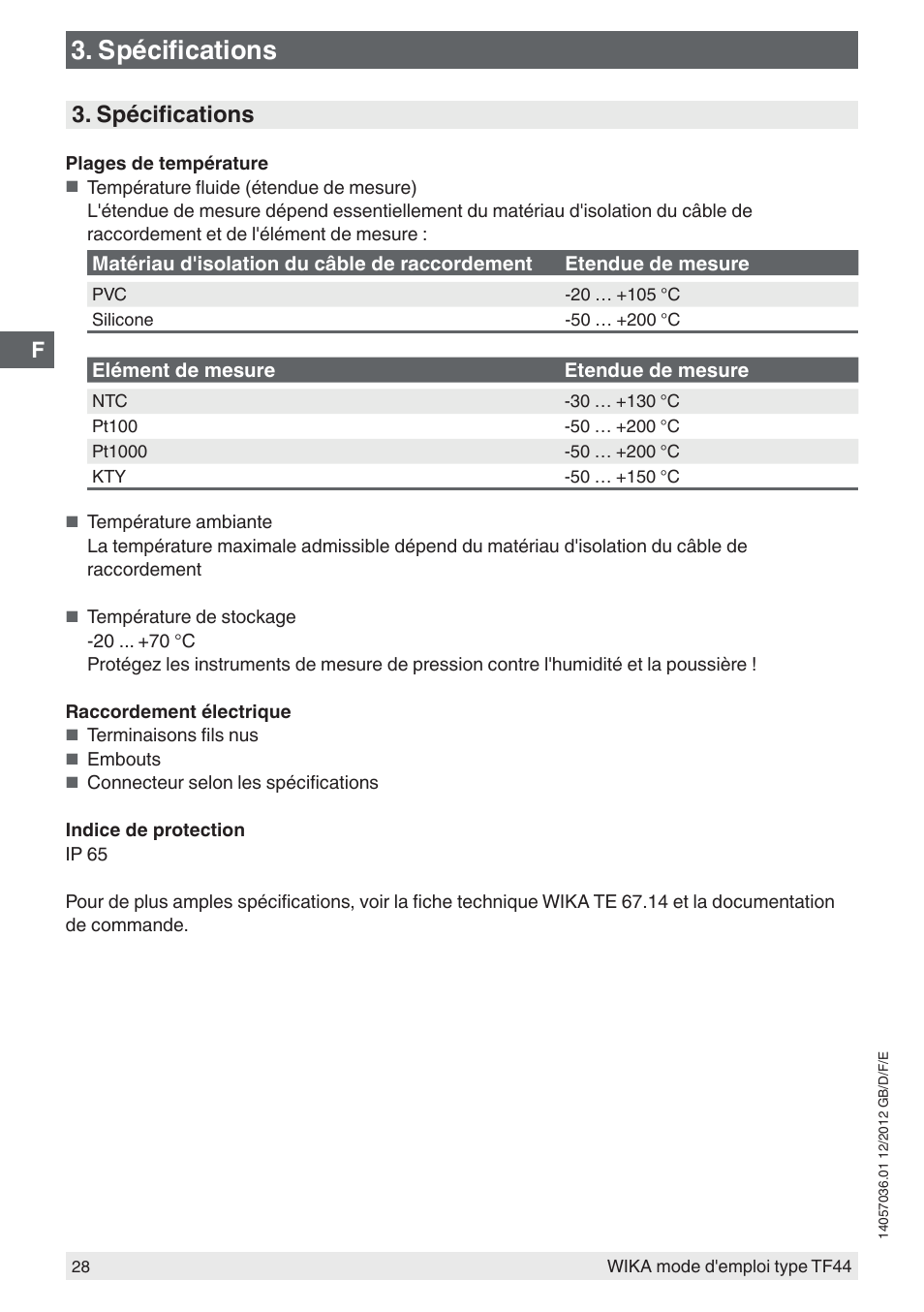 Spécifications | WIKA TF44 User Manual | Page 28 / 44