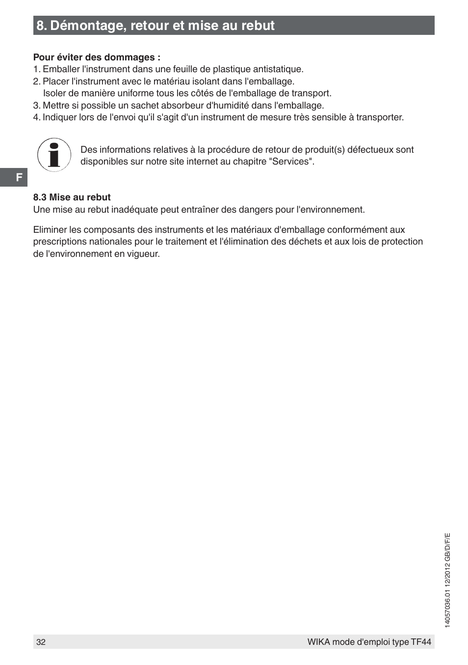 Démontage, retour et mise au rebut | WIKA TF44 User Manual | Page 32 / 44