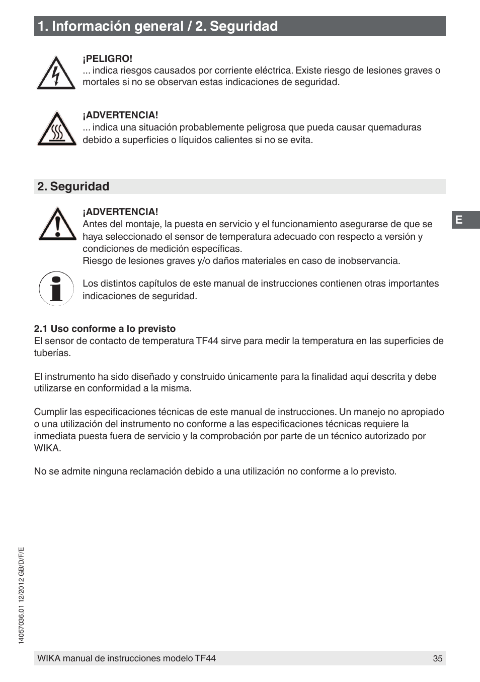 Información general / 2. seguridad, Seguridad | WIKA TF44 User Manual | Page 35 / 44