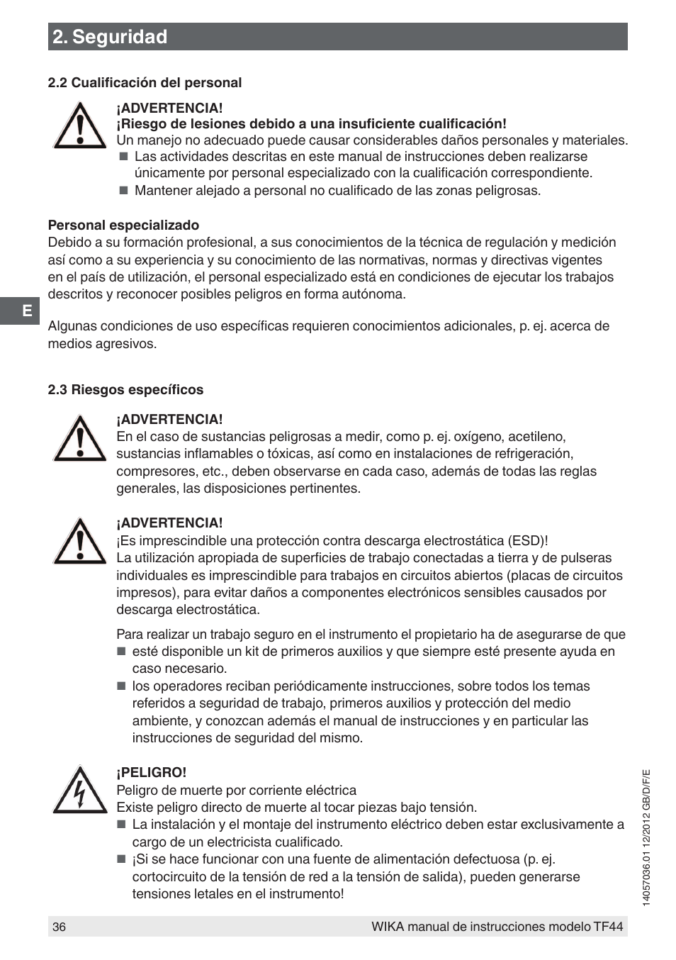 Seguridad | WIKA TF44 User Manual | Page 36 / 44