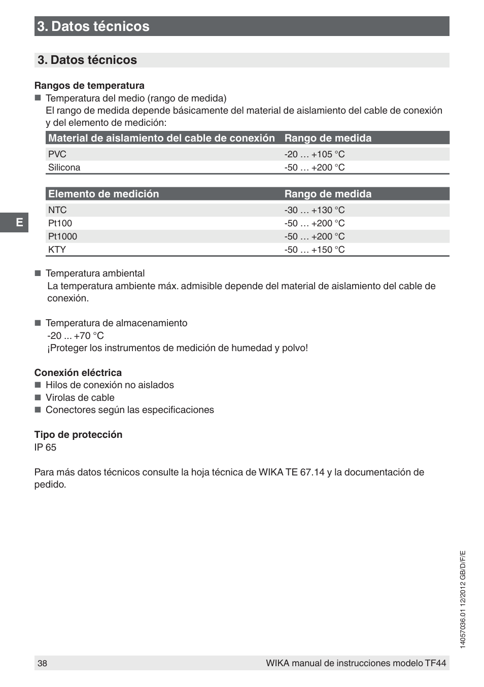 Datos técnicos | WIKA TF44 User Manual | Page 38 / 44