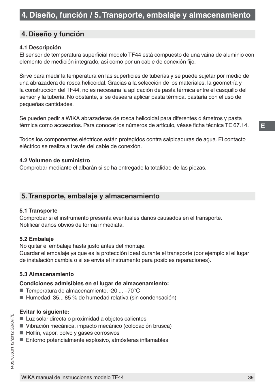 Diseño y función, Transporte, embalaje y almacenamiento | WIKA TF44 User Manual | Page 39 / 44