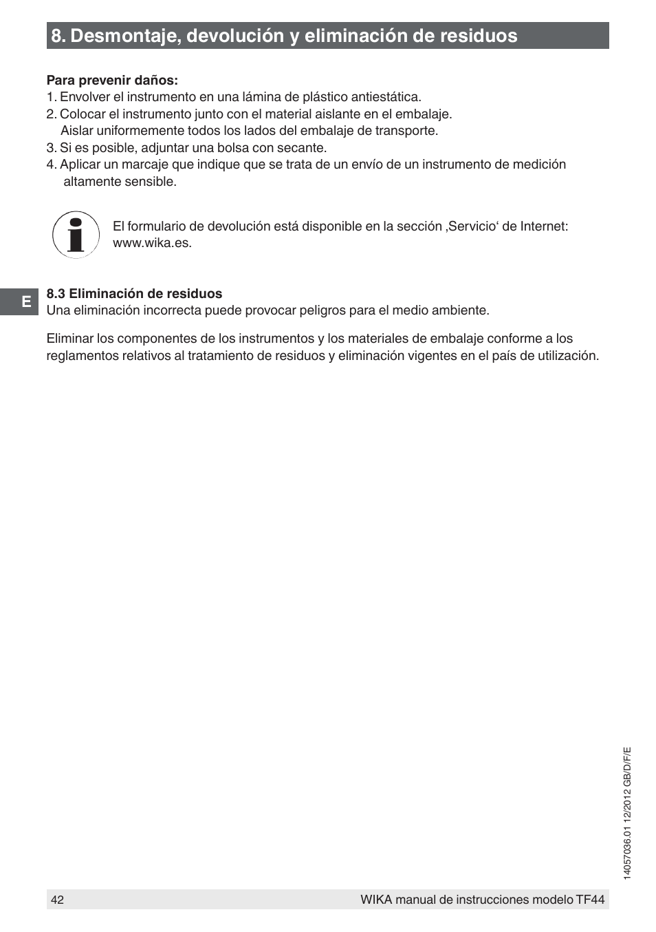 Desmontaje, devolución y eliminación de residuos | WIKA TF44 User Manual | Page 42 / 44