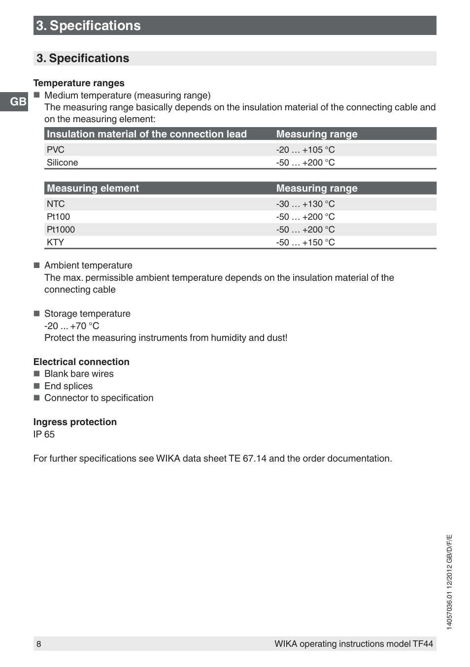 Specifications | WIKA TF44 User Manual | Page 8 / 44